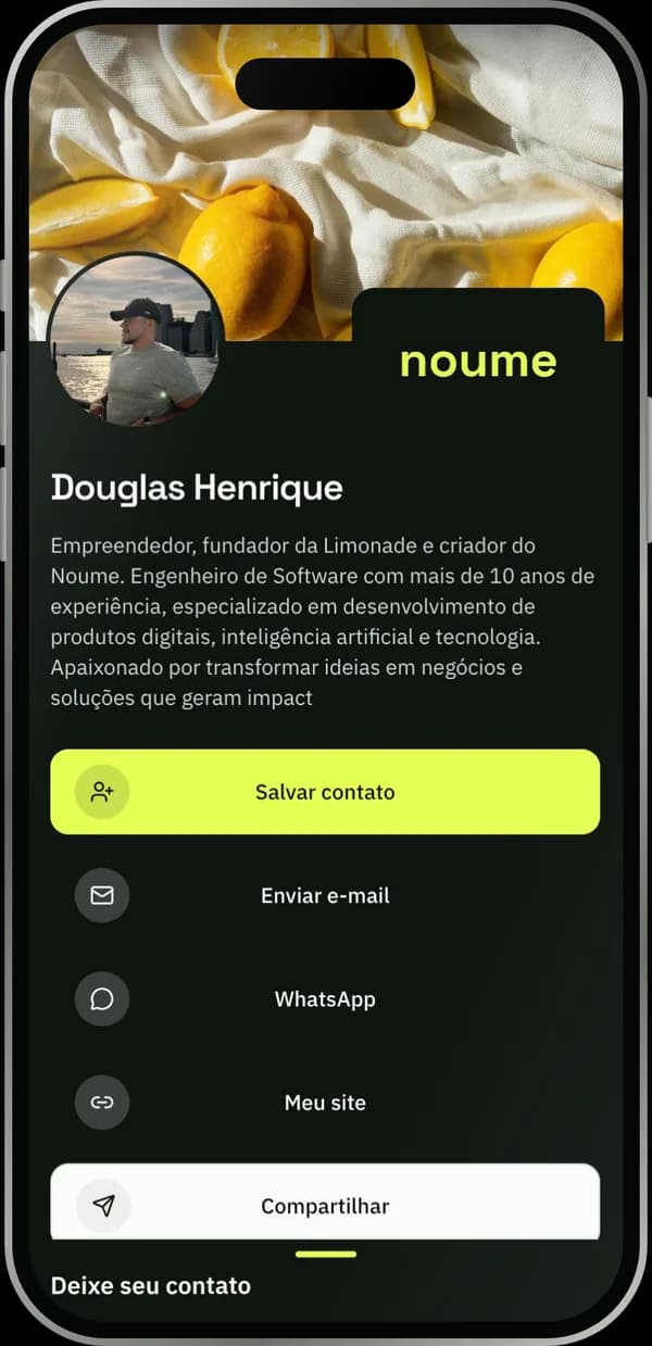 Cartão digital Noume aberto no celular com os botões Salvar contato, e-mail, WhatsApp e site